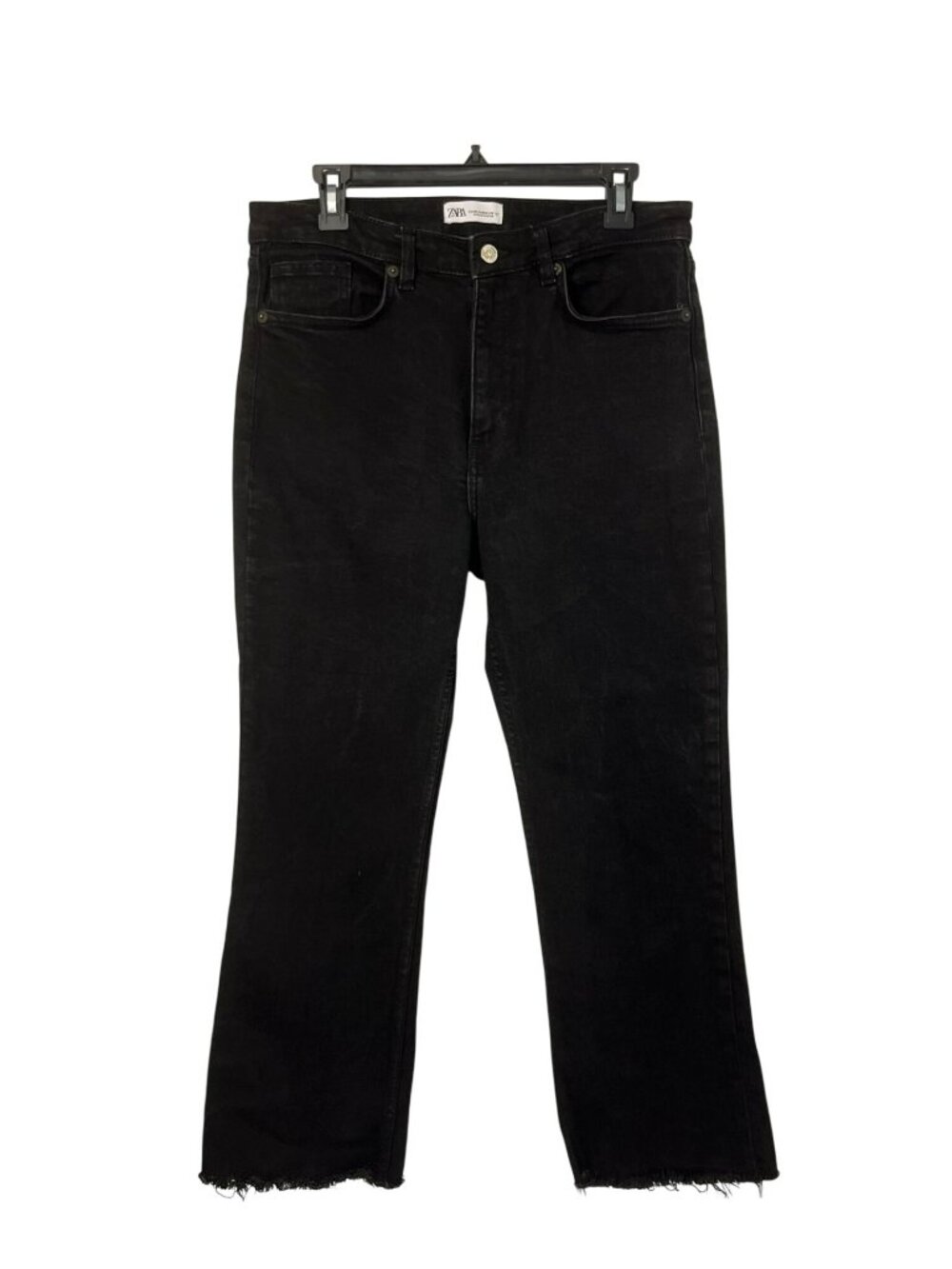 Zara Womens 10 Black Cropped Straight Leg Jeans Raw Hem High Rise Used